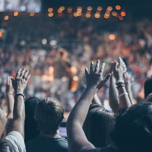 group of people raise their hands on stadium